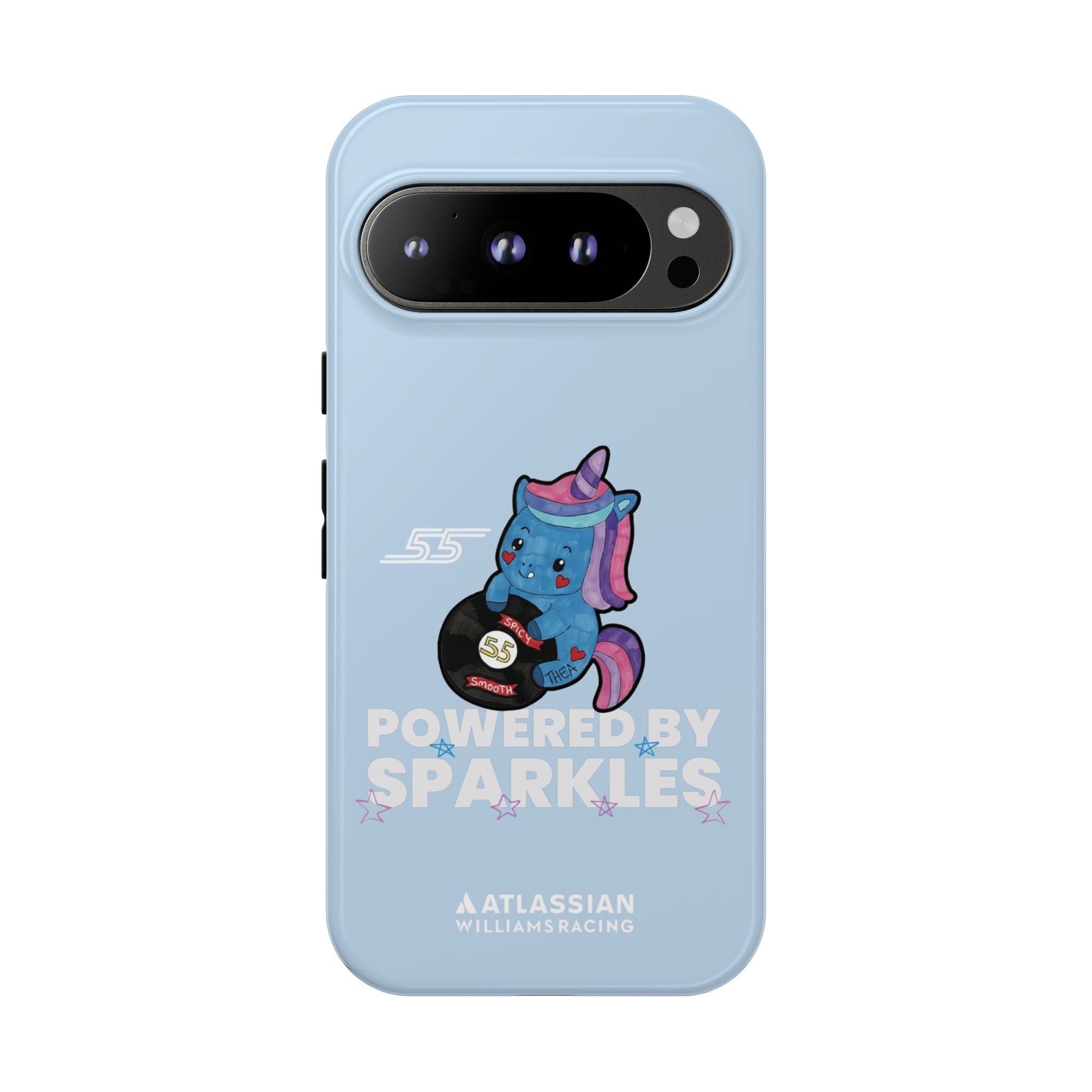 Williams F1 2025 Sparkles the Unicorn Blue Tough Phone Case, Carlos Sainz 55, Powered By Sparkles, Formula 1 iPhone Pixel Samsung Tough Case